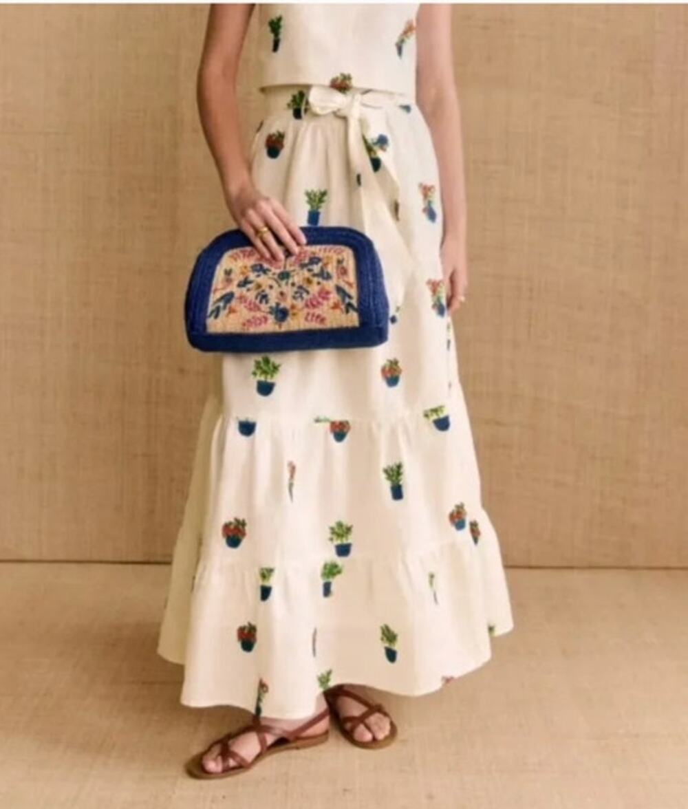 SEZANE x Momoni Sz 40 8 Lambertine Maxi Skirt Jardini Embroidered Cotton Linen